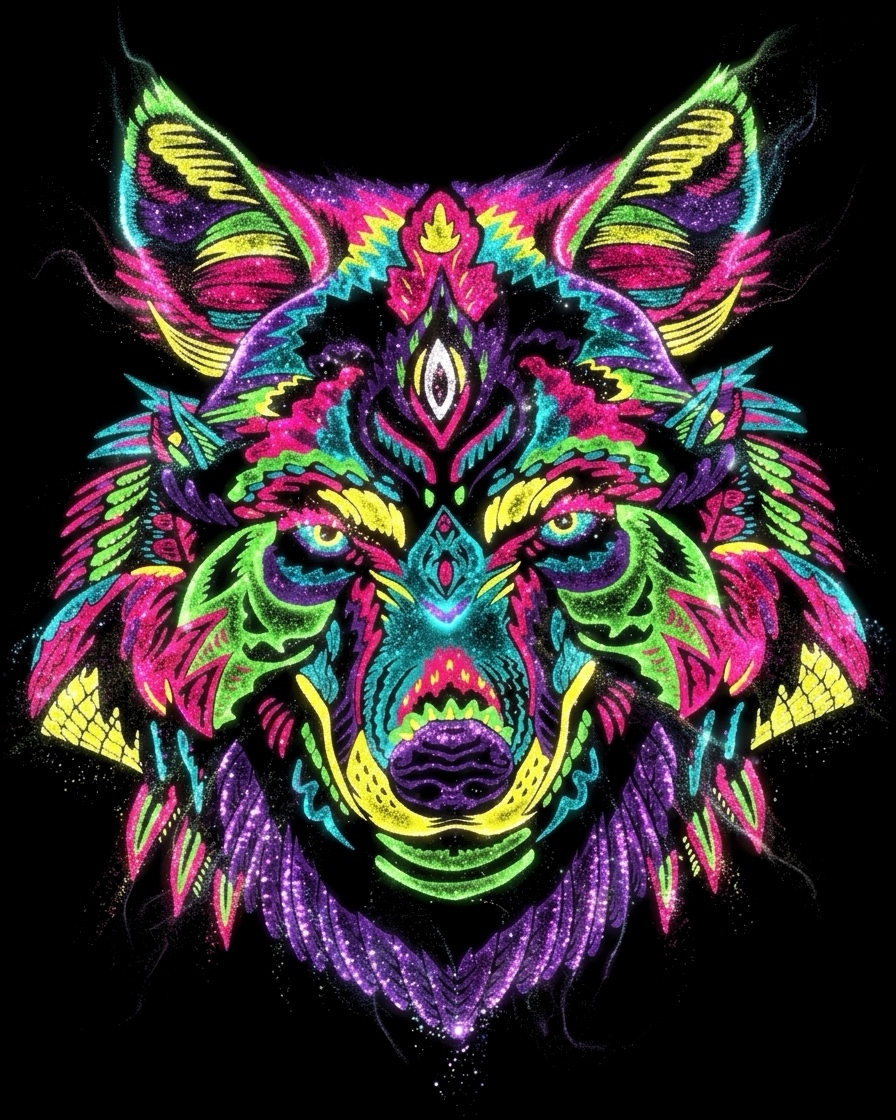 A technicolor wolf head with a third eye on its forehead, formed of luminous stardust